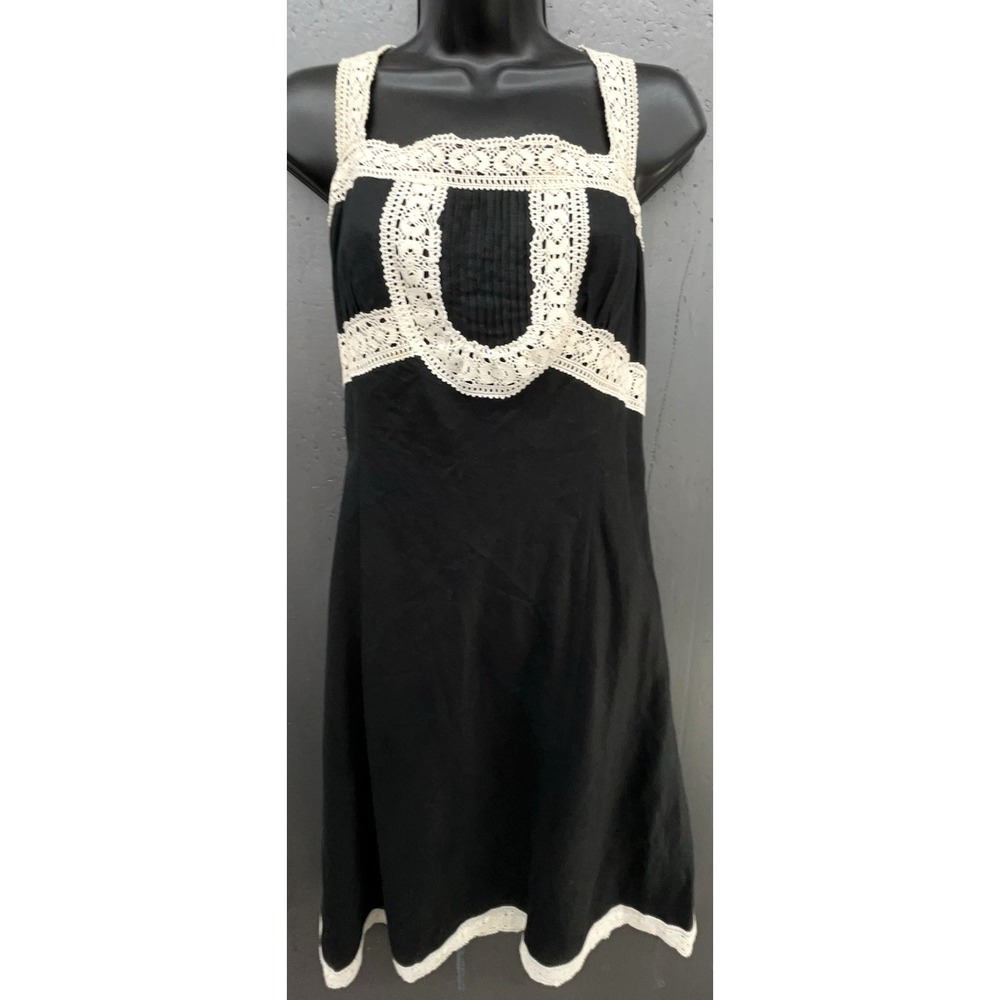 Linen Dress 14 Black Cream‎ Crochet Embroider Preppy Coastal Cottage Boho Y2K